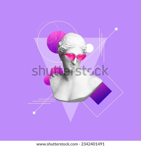 Contemporary art collage with greec goddess with pink glasse against purple background with abstract elements. Concept of creativity, art, party, music. Ad