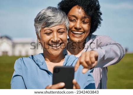 Friends, senior woman and outdoor with phone for social media, blog or reading a post about holiday, fitness or walk at the beach. Mature people. cellphone and check profile picture together