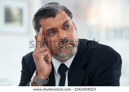 Man, thinking and stress in office with doubt, questions and fear of future business problem. Face of corporate manager, CEO and boss with brain fog of memory, remember bankruptcy risk and depression Royalty-Free Stock Photo #2342404023