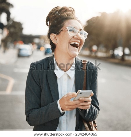 Laughing, typing and a woman with a phone in the city for social media, communication or an email. Smile, meme and a funny corporate employee with a mobile for an app in the street in the morning