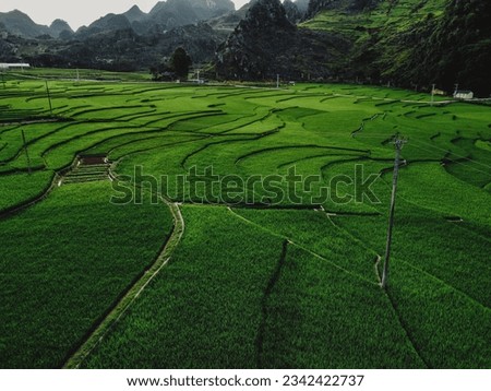 Aerial footage - drone landscape photo - rice fields during Ha Giang Loop northern Vietnam.