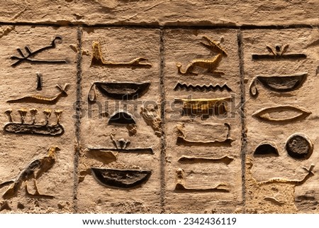 hieroglyphs from Tom of Ramses III . Valley of the Kings . Luxor .Egypt . Royalty-Free Stock Photo #2342436119