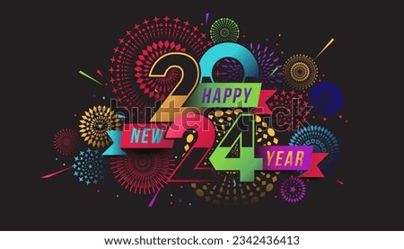 Vector Happy New Year 2024 with fireworks and text design. Royalty-Free Stock Photo #2342436413
