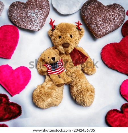 Mother bear, brown fur, tied with a red and white bow holding a little bear cub Wearing a white shirt, alternating red, blue bow tie sit and take pictures together show love to mama bear And Luk Mi wa