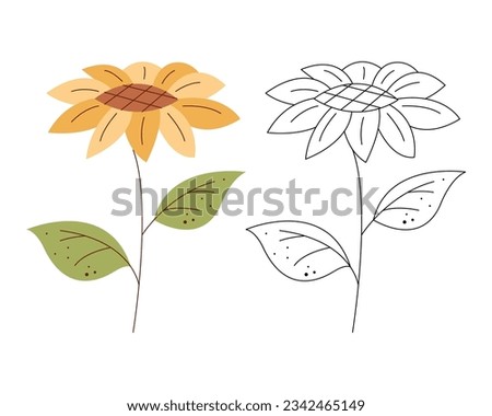 A small set with a sunflower. Black and white and color clipart vector illustration.