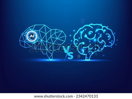AI brain vs human brain. Artificial intelligence. Smart ai chat bot communicates with human. chat with ai. Human ask bot. Technology blue background Royalty-Free Stock Photo #2342470133