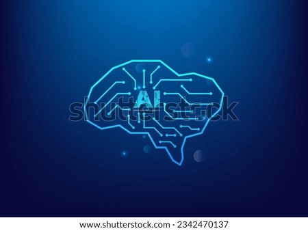 Artificial intelligence brain with circuit board. Cyborg brain. Technology futuristic. Machine learning on blue background. Chatbot, chat with ai Royalty-Free Stock Photo #2342470137