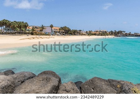 A white sandy beach with the turquoise Atlantic ocean, palms, hotels, restaurants and people on the shore visible from behind the stones   on a sunny day. Santa Maria, Sal island, Cape Verde. Royalty-Free Stock Photo #2342489229