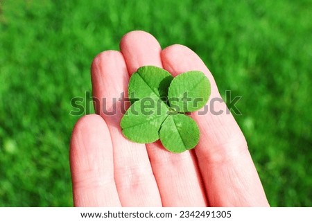 
Four-leaf clover in a hand. Concept Saint Patricks day, lucky charm,...