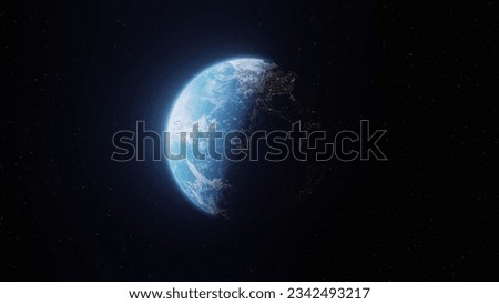 Panoramic view of partly lit blue planet Earth in universe. Sunrise over planet Earth, view from space. Elements of this image furnished by NASA