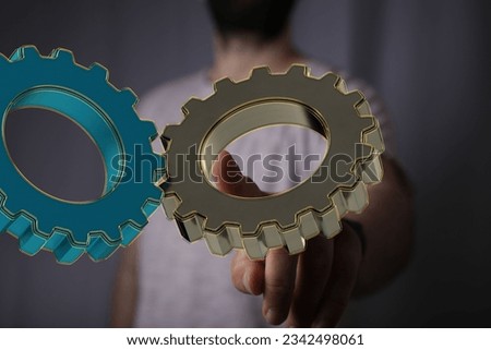 A man touching 3D rendered settings signs