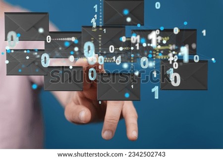 A closeup of a person pointing at a set of electronic mailing icons and numbers with a blue background