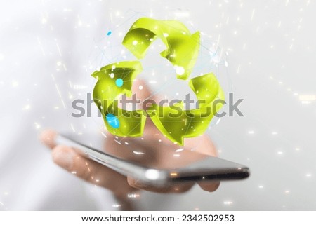 A 3d digital illustration of green recycle icon coming out of a phone screen