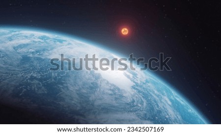 close up of nightly Earth planet in outer space. City lights on planet. Life of people. Solar system element with sun in a background, data from NASA