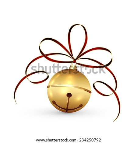 Golden Christmas bell with tinsel and bow isolated on white background, illustration.