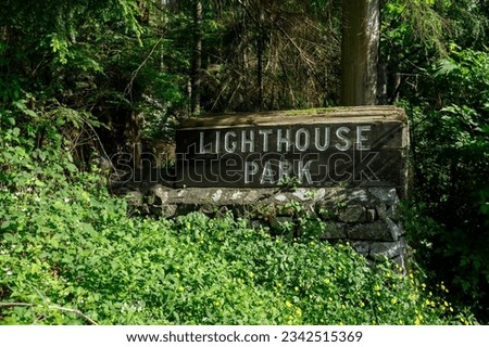 View of Welcome sign inside the Lighthouse Park in West Vancouver