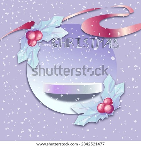 Merry Christmas 3d render top view of white blank cylinder frame for mock up and display products with shadows with berry and snow 