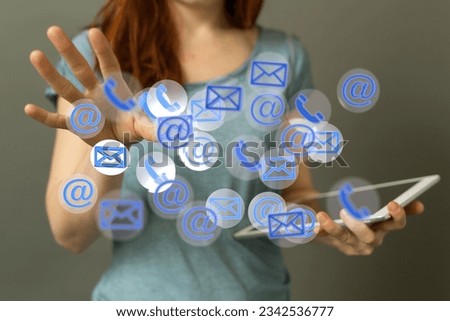 A girl touching 3D rendered communication signs