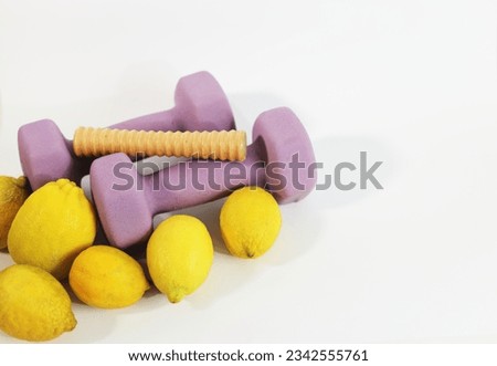 purple dumbbells and yellow lemons, sports nutrition, healthy lifestyle, sports, vitamin c and sports nutrition, sports equipment, purple on yellow, yellow and blue, color of joy, loads