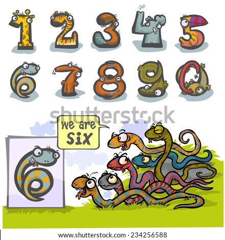 Cartoon Animal Numbers. With number Six as Snakes. 