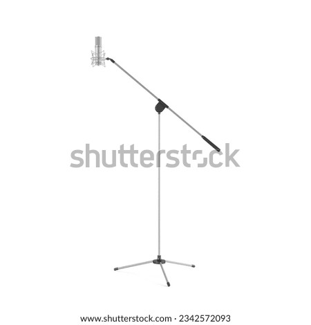 An isolated, professional-grade microphone on a tripod stand, ready to be used for recording or broadcasting audio