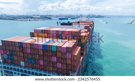 Stern of large cargo container ship import export container box on the ocean sea on blue sky back ground concept transportation logistic and service to customer and supply change.	