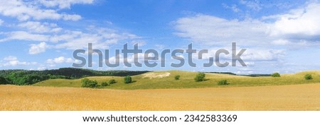 A rural landscape with a brown field and green hills in Osterlen, Skane, Scania Royalty-Free Stock Photo #2342583369