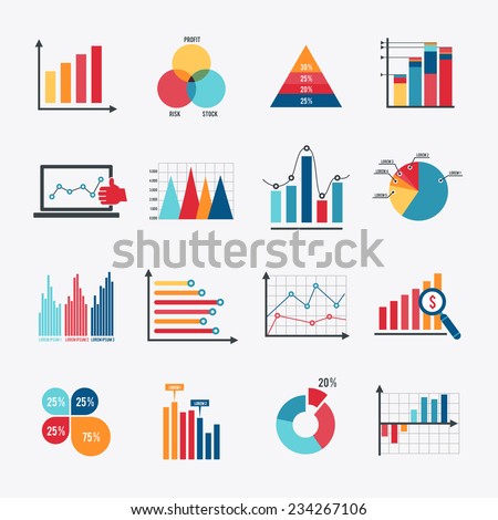 Business data market elements dot bar pie charts diagrams and graphs flat icons set isolated vector illustration. Royalty-Free Stock Photo #234267106