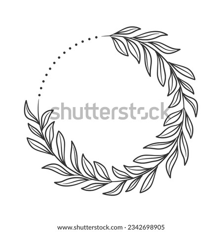 Hand drawn wreath circular vector art black and white. Circle leaf wreath vector