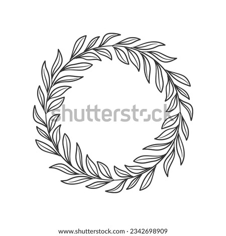 Hand drawn wreath circular vector art black and white. Circle leaf wreath vector