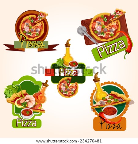 Pizza restaurant menu emblems set with ingredients oil and seasoning isolated vector illustration