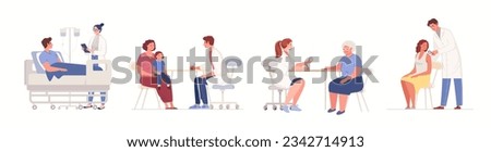 Collection of scenes with doctor and patient. Medical diagnostics, consultations, treatment. Improvement of adults and children. Family medicine. Vector characters flat cartoon illustration. Royalty-Free Stock Photo #2342714913