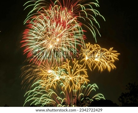 a photography of a fireworks display with multiple colors and lights, fireworks are lit up in the night sky with a dark sky.