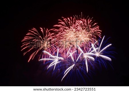 a photography of a fireworks display with multiple colors and a black background, fireworks are lit up in the dark sky with a black background.