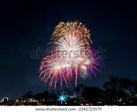 a photography of a fireworks display in the night sky over a lake, fireworks are lit up in the night sky above a lake.