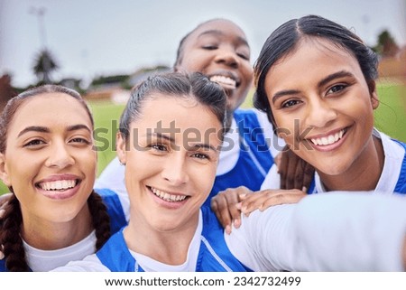 Hockey selfie, women and portrait on a field for sports, teamwork or training together. Smile, collaboration and an athlete group taking a picture at a park for a game, match or competition memory