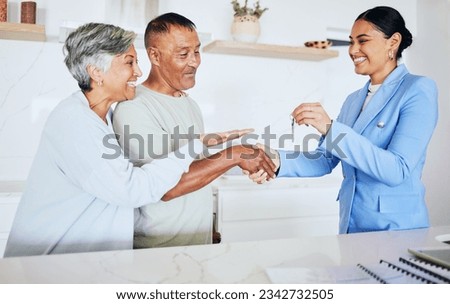 Happy senior couple, realtor and keys to new home in handshake for mortgage, property or investment. Excited elderly man and woman shaking hands for real estate retirement, house payment or purchase Royalty-Free Stock Photo #2342732505