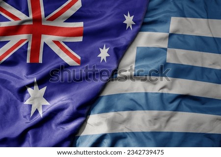 big waving realistic national colorful flag of australia and national flag of greece . macro