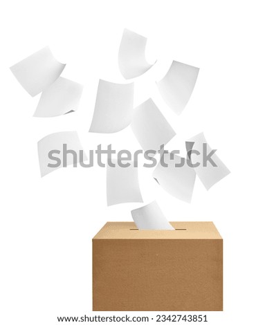 close up of  a ballot box and flying papers casting vote on white background Royalty-Free Stock Photo #2342743851
