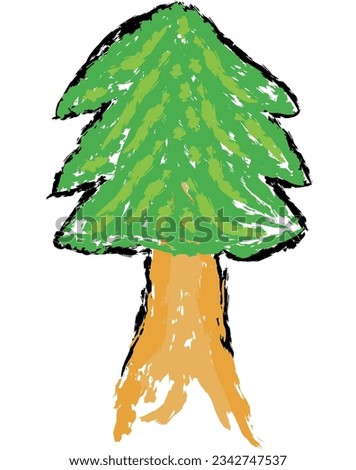 Tree vector, Wax crayons like children's hand-drawn trees isolated. Chalk pastels or pencils like children's hand-drawn trees on paper. Painting style with brushes, coloring style with crayons.