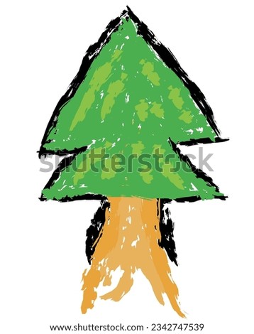 Tree vector, Wax crayons like children's hand-drawn trees isolated. Chalk pastels or pencils like children's hand-drawn trees on paper. Painting style with brushes, coloring style with crayons.