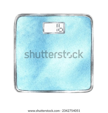 Scale watercolor illustration. Hand drawn fitness equipment for bathroom floor isolated on white background. Clip art of sports balance for weight loss control. Painting on the theme of obesity