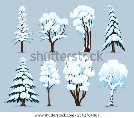 Winter Trees Set vector illustration, clip art, snow capped trees, snow covered trees