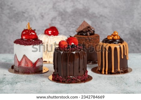 Types of cakes. Assortment of chocolate and fruit cakes on a gray background