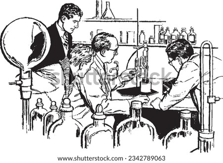 Scientists in a Science Lab looking at test tubes Vintage Etching, Retro Clip Art