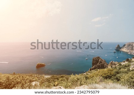 Sea lagoon. Panoramic view on calm azure sea and volcanic rocky
