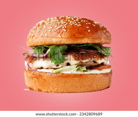 craft hamburger with marinated pork on a red background for a restaurant website, studio shooting 2