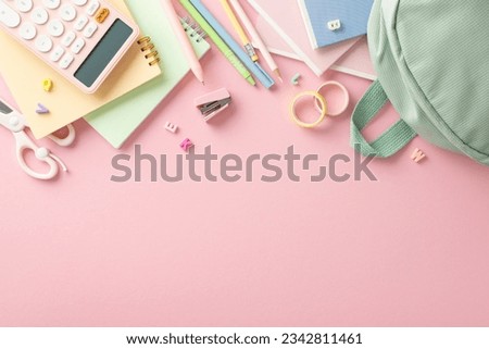 Girly elementary school tools layout. Top view of stylish sage backpack, pens, pencils, scissors, calculator, and other stationery arranged on pastel pink background with space for text or promotion