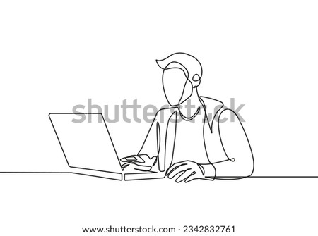 Continuous One Line Drawing of Businessman with Laptop. Man in Office One Line Illustration. Businessman Abstract Minimalist Contour Drawing. Vector EPS 10 