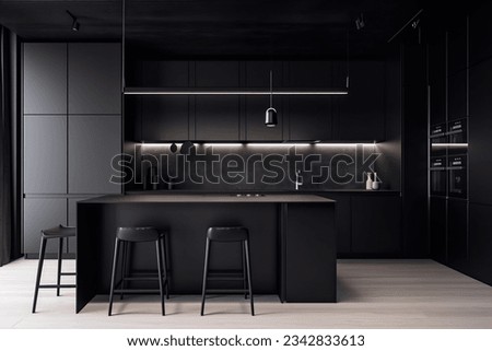 A sleek and modern, dark black kitchen exudes industrial edge and sophisticated style Royalty-Free Stock Photo #2342833613